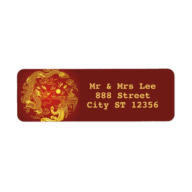 Gold Red Dragon Phoenix Chinese Wedding Address Label (Front)