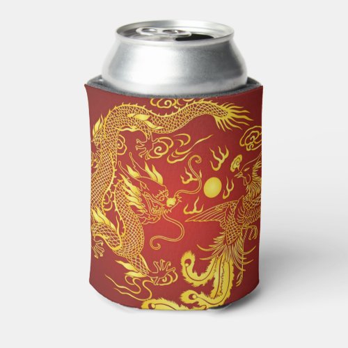 Gold Red Dragon Phoenix Chinese Wedding Favor Can Cooler