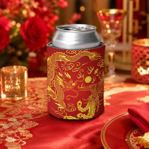 Gold Red Dragon Phoenix Chinese Wedding Favor Can Cooler