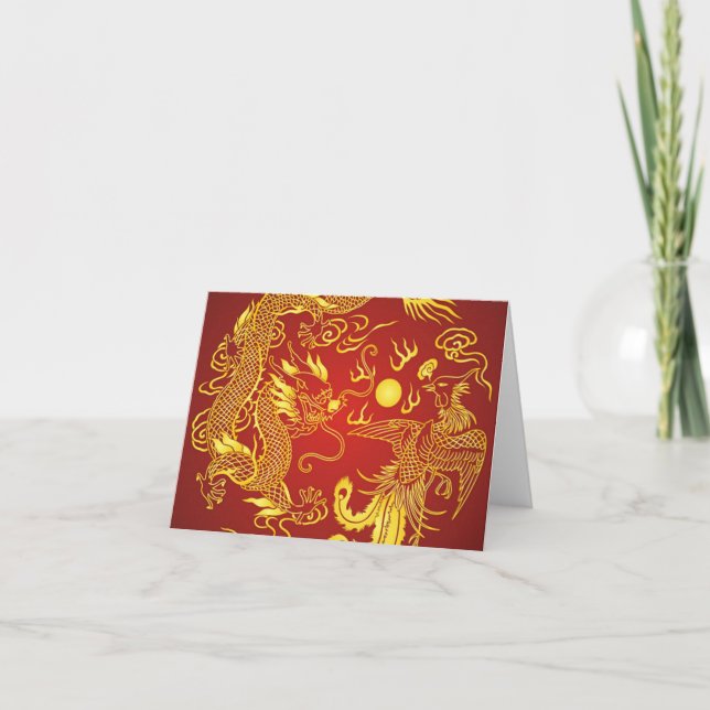 Gold Red Dragon Phoenix Chinese Wedding Favor Card (Front)