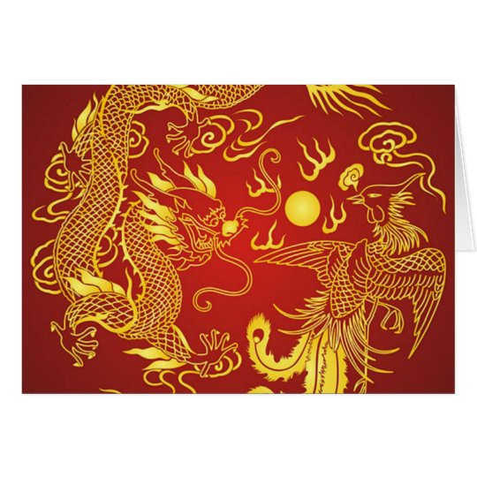Gold Red Dragon Phoenix Chinese Wedding Favor Card