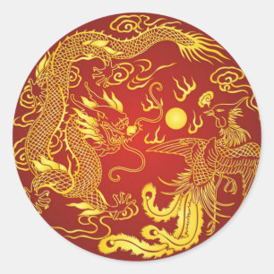 Gold Red Dragon Phoenix Chinese Wedding Favor Classic Round Sticker