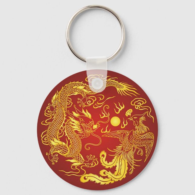 Gold Red Dragon Phoenix Chinese Wedding Favor Keychain (Front)