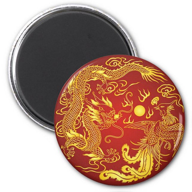 Gold Red Dragon Phoenix Chinese Wedding Favor Magnet (Front)