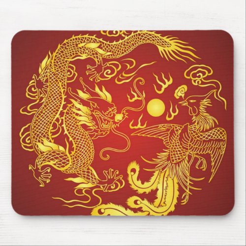 Gold Red Dragon Phoenix Chinese Wedding Favor Mouse Pad