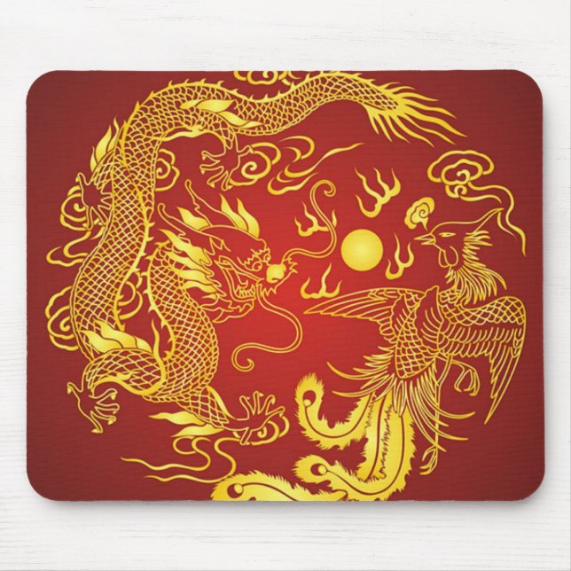 Gold Red Dragon Phoenix Chinese Wedding Favor Mouse Pad (Front)