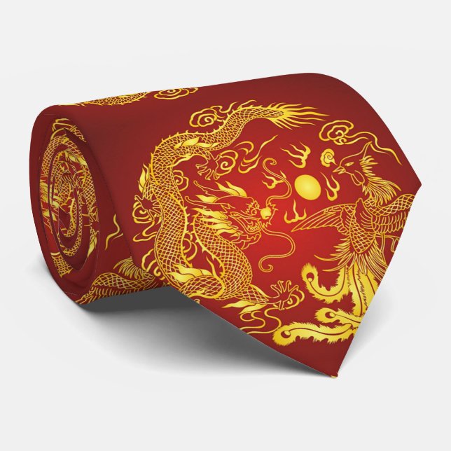 Gold Red Dragon Phoenix Chinese Wedding Favor Neck Tie (Rolled)