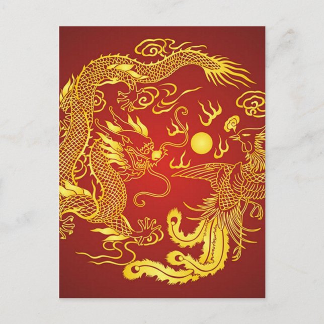 Gold Red Dragon Phoenix Chinese Wedding Favor Postcard (Front)