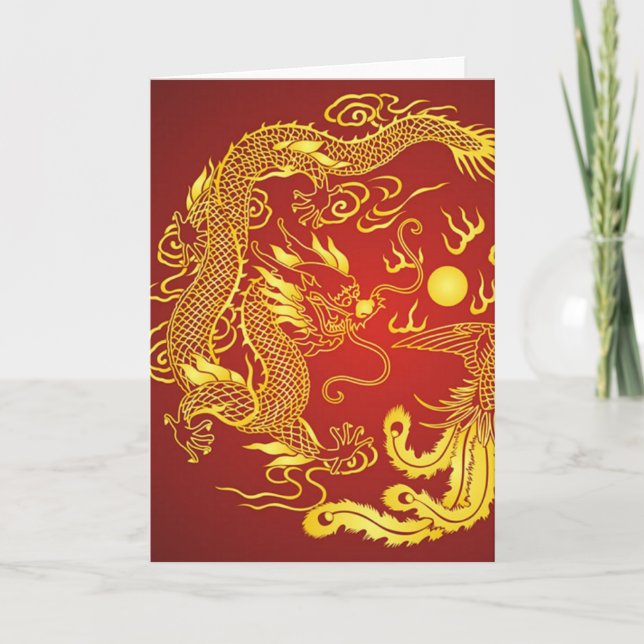 Gold Red Dragon Phoenix Chinese Wedding Favor Thank You Card (Front)