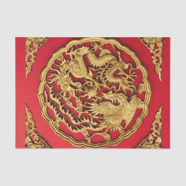 Gold Red Dragon Phoenix Chinese Wedding Favor Tissue Paper (Front)