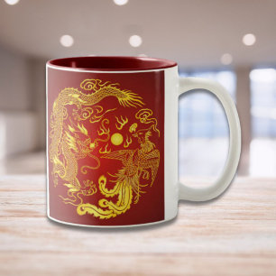 Gold Red Dragon Phoenix Chinese Wedding Favor Two-Tone Coffee Mug