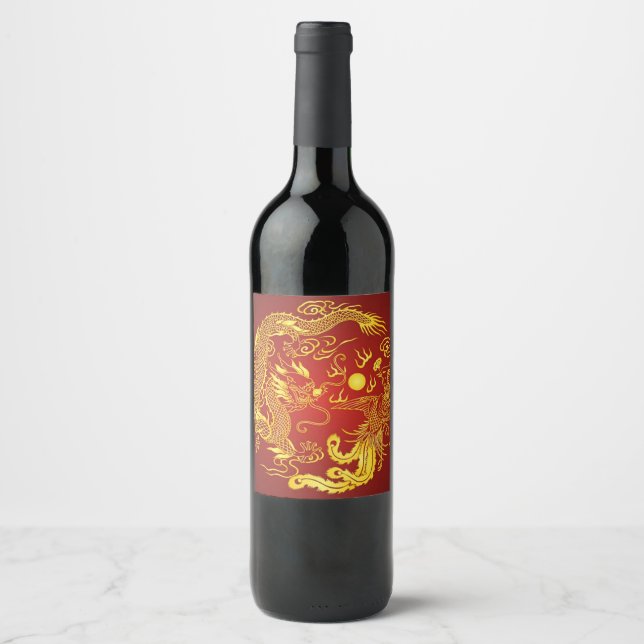 Gold Red Dragon Phoenix Chinese Wedding Favor Wine Label (Front)