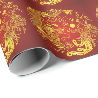 Gold Red Dragon Phoenix Chinese Wedding Favor Wrapping Paper