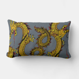 Gold & Red Dragons on Gray Lumbar Pillow