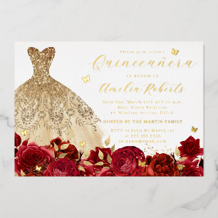 Gold Red Dress Butterfly Elegant Floral Foil Invitation