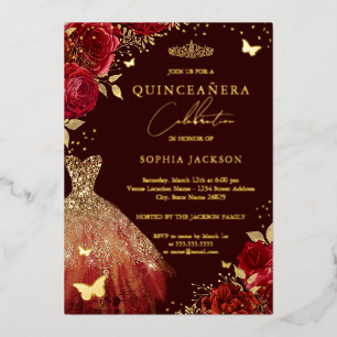 Gold Red Dress Floral Butterfly Quinceanera Foil Invitation