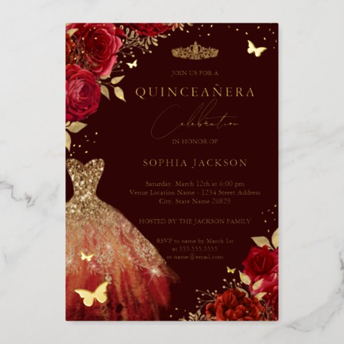 Gold Red Dress Floral Butterfly Quinceanera Foil Invitation