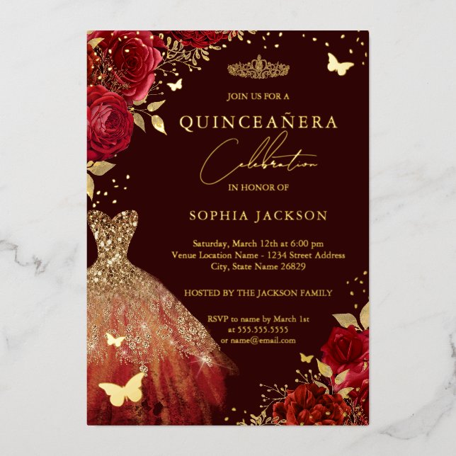 Gold Red Dress Floral Butterfly Quinceanera Foil Invitation (Front)