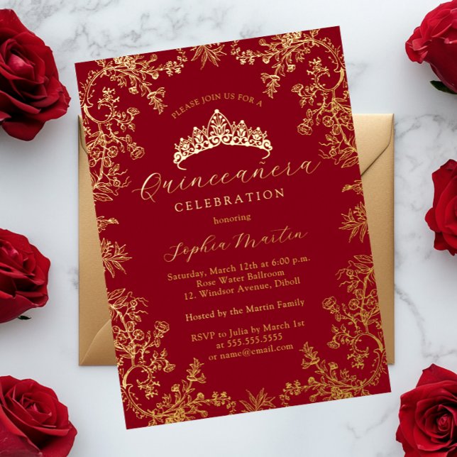 Gold Red Elegant Vintage Quinceanera  Foil Invitation (Creator Uploaded)