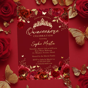 Gold Red Enchanting Floral Butterfly Quinceanera Foil Invitation