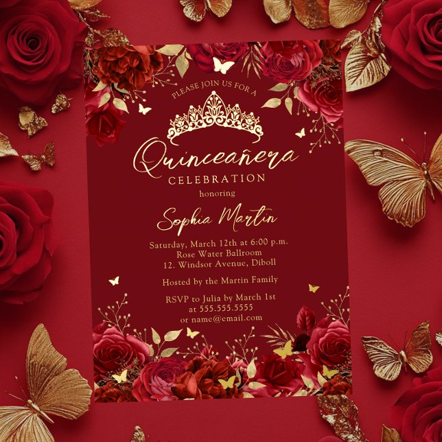 Gold Red Enchanting Floral Butterfly Quinceanera Foil Invitation (Creator Uploaded)
