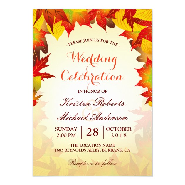 Gold Red Fall Leaves | Autumn Wedding Celebration Invitation