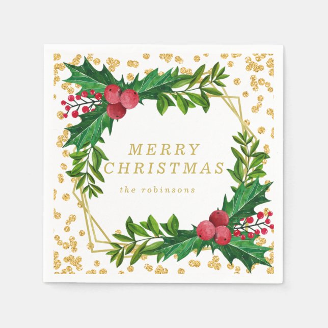 Gold Red Family Christmas Party Holly Glitter Napkins (Front)