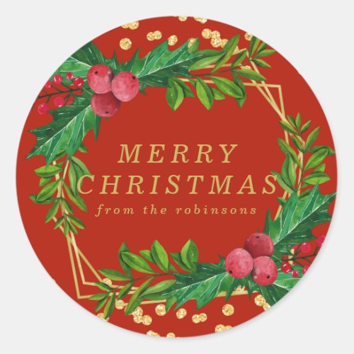 Gold Red Family Merry Christmas Holly Glitter Classic Round Sticker