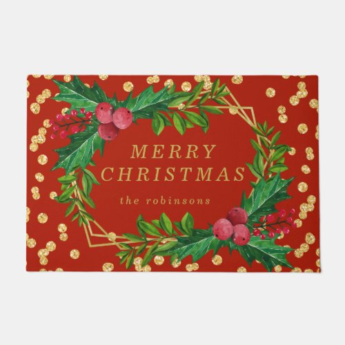 Gold Red Family Merry Christmas Holly Glitter Doormat