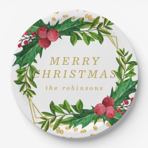 Gold Red Family Merry Christmas Holly Glitter Paper Plates