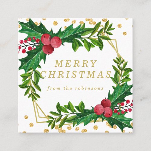 Gold Red Family Merry Christmas Holly Glitter Square Business Card