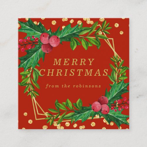 Gold Red Family Merry Christmas Holly Glitter Square Business Card