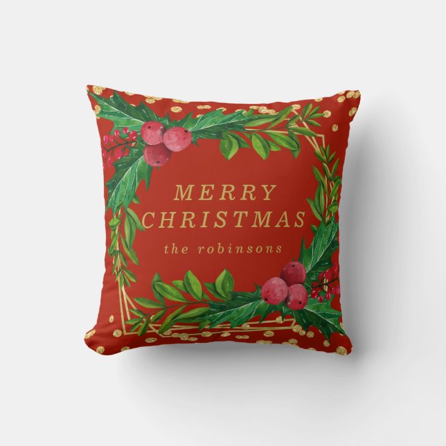 Gold Red Family Merry Christmas Holly Glitter Throw Pillow (Front)