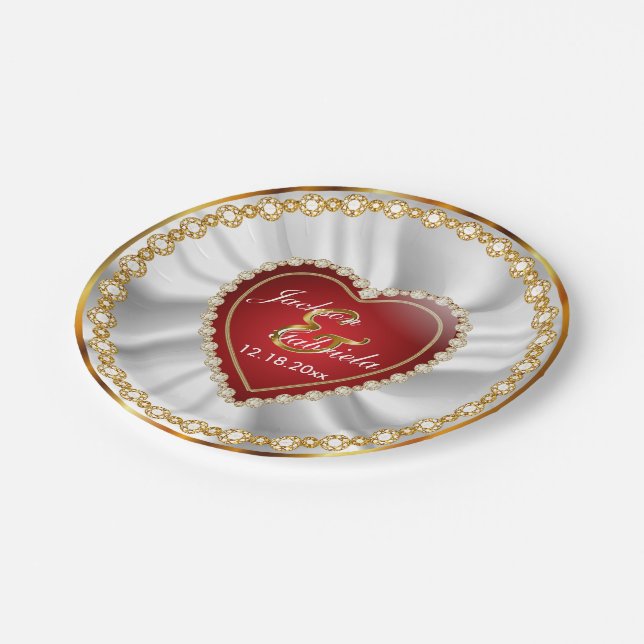 Gold, Red & Faux Diamond Wedding or Anniversary Paper Plates (Angled)