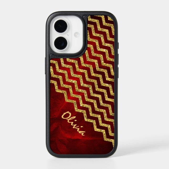 Gold Red Faux Glitter Chevron Otterbox iPhone Case (Back)