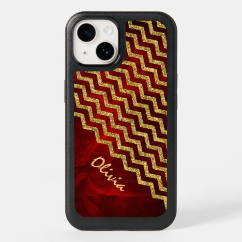 Gold Red Faux Glitter Chevron OtterBox iPhone 14 Case