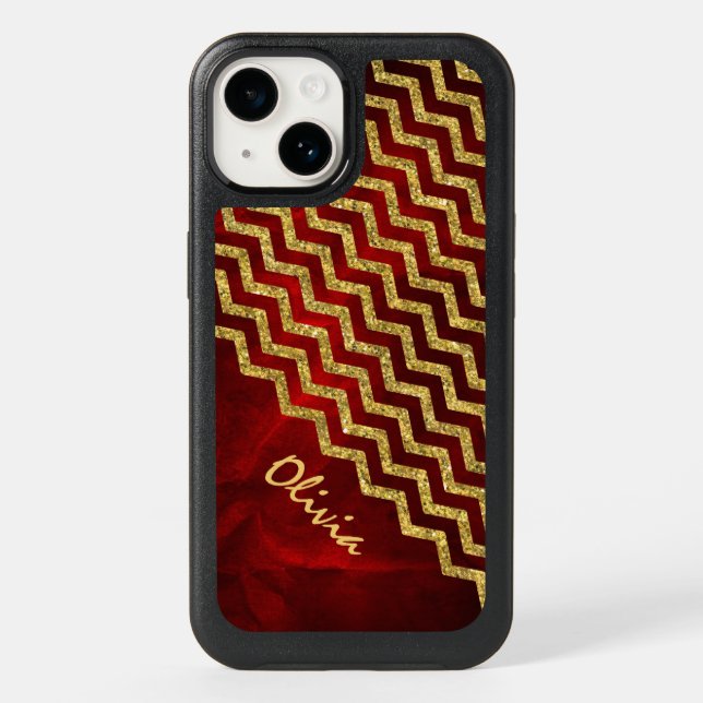 Gold Red Faux Glitter Chevron Otterbox iPhone Case (Back)
