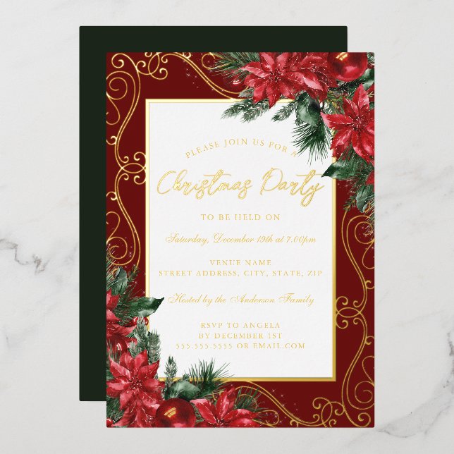 Gold Red Festive Floral Frame Christmas Party Foil Invitation (Front/Back)