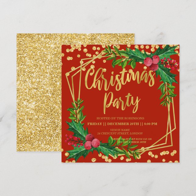 Gold Red Festive Holly Glitter Christmas Invitation (Front/Back)