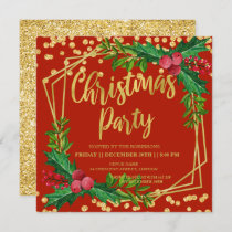 Gold Red Festive Holly Glitter Christmas Invitation