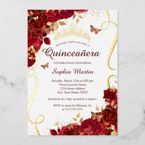 Gold Red Floral Butterfly Elegant Quinceanera  Foil Invitation