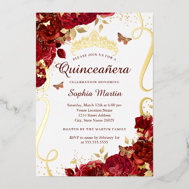 Gold Red Floral Butterfly Elegant Quinceanera  Foil Invitation (Front)