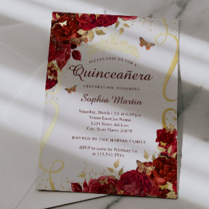 Gold Red Floral Butterfly Elegant Quinceanera  Foil Invitation