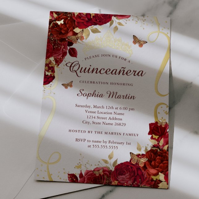 Gold Red Floral Butterfly Elegant Quinceanera  Foil Invitation (Creator Uploaded)