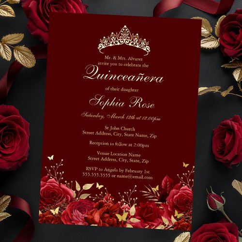 Gold Red Floral Butterfly Tiara Quinceanera Foil Invitation