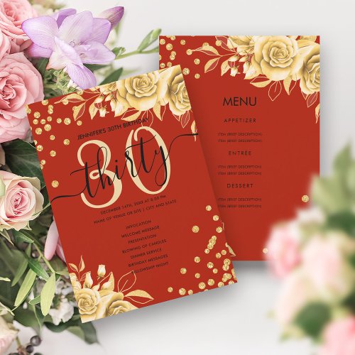 Gold Red Floral Glitter 30th Birthday Menu Program