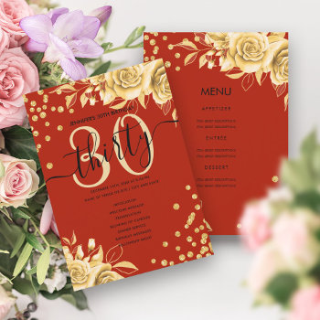 Gold Red Floral Glitter 30th Birthday Menu Program by Rewards4life at Zazzle