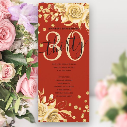 Gold Red Floral Glitter 30th Birthday Programs