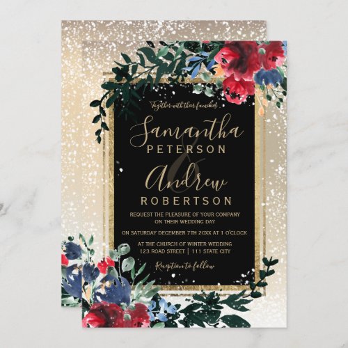 gold red floral green leaf snow winter wedding invitation