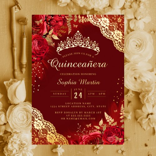 Gold Red Floral Lace Quinceanera  Foil Invitation